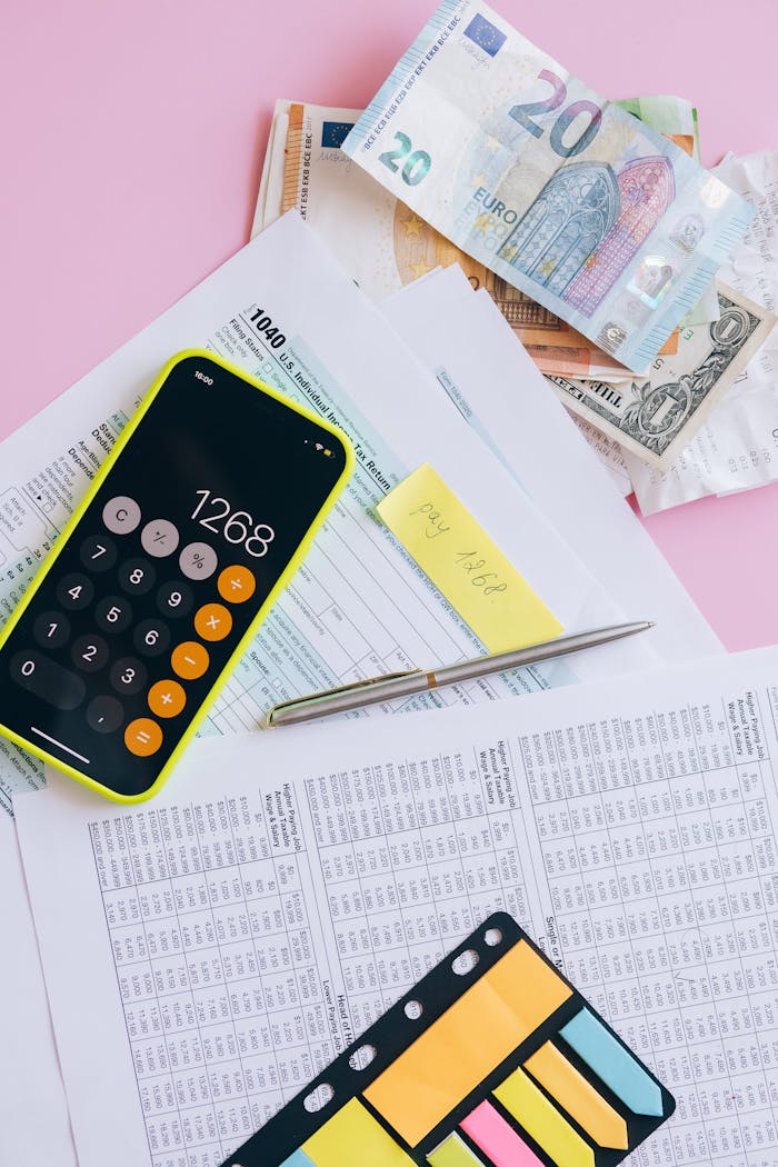 Tax documents and currency with a smartphone calculator on a pink background.